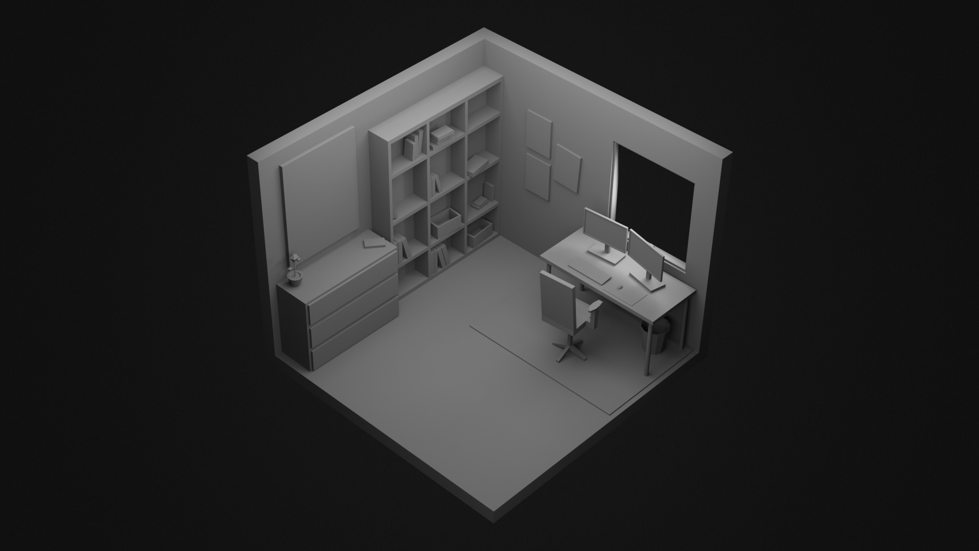 Low poly room, Grayscale, Isometric, 3D Models